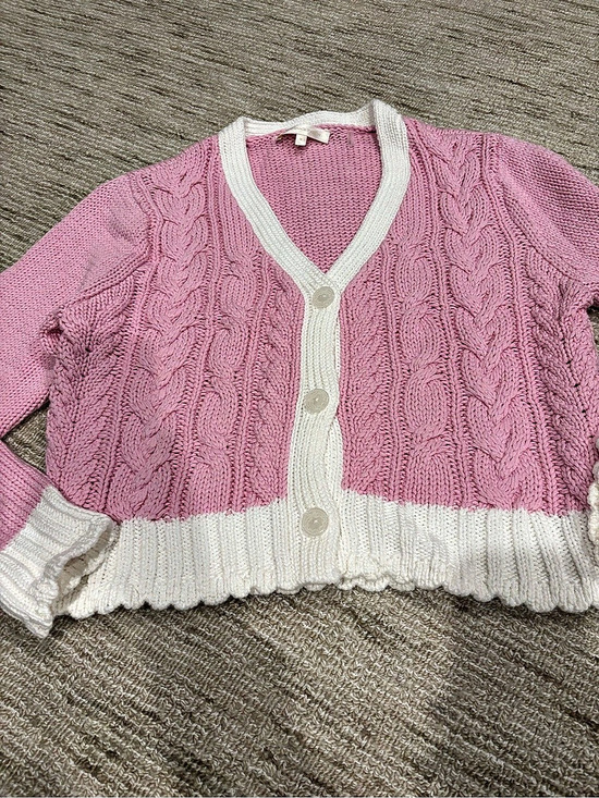 LoveShackFancy Sweaters - LoveShackFancy Cable Knit Cardigan in Pink & White